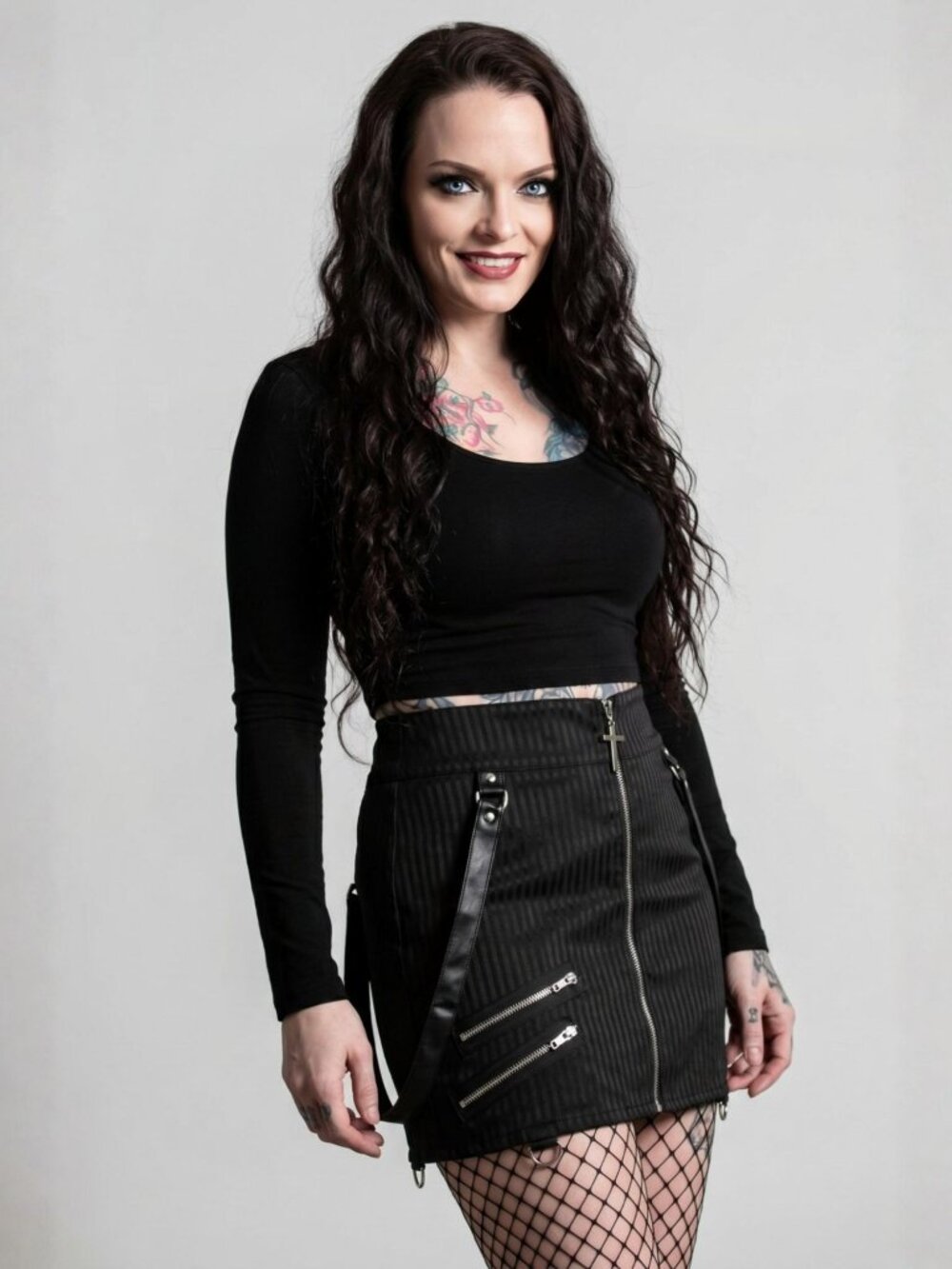 Killstar ✦ Katy Coffin Mini Skirt ✦ Soft Stretch Pinstripe Zip Strap D‑Ring XS